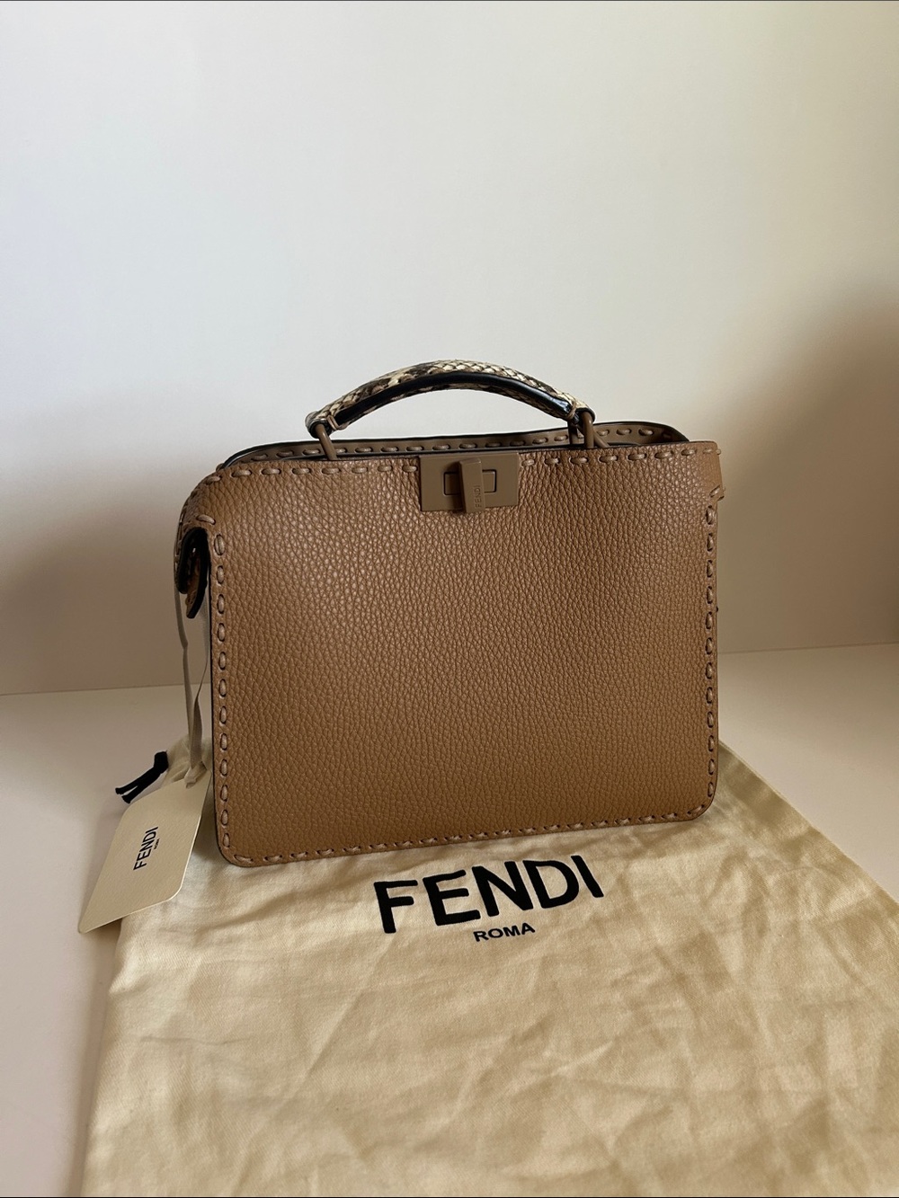 Fendi Beige Pebbled Leather Top Handle Bag